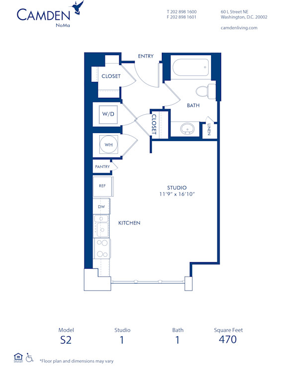 Blueprint of S2 Floor Plan, Studio with 1 Bathroom at Camden NoMa Apartments in Washington, DC