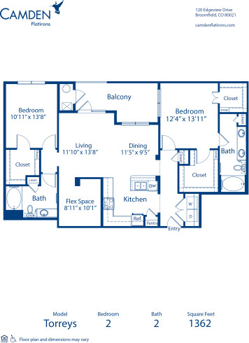 Blueprint of Torreys Floor Plan, 2 Bedrooms and 2 Bathrooms at Camden Flatirons Apartments in Broomfield, CO