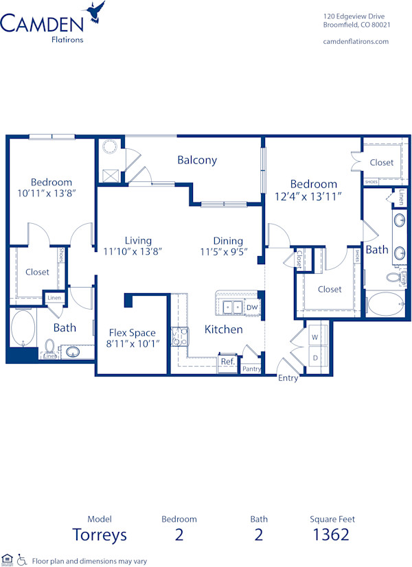 Blueprint of Torreys Floor Plan, 2 Bedrooms and 2 Bathrooms at Camden Flatirons Apartments in Broomfield, CO