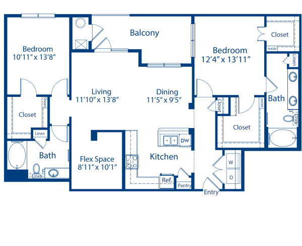 Blueprint of Torreys Floor Plan, 2 Bedrooms and 2 Bathrooms at Camden Flatirons Apartments in Broomfield, CO