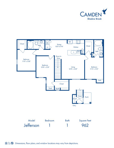 Blueprint of Jefferson Floor Plan, 3 Bedrooms and 2 Bathrooms at Camden Shadow Brook Apartments in Austin, TX