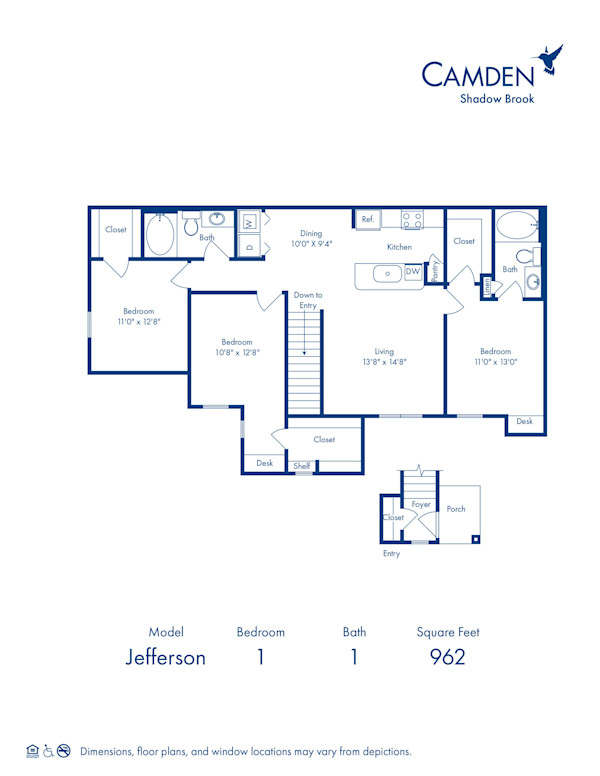 Blueprint of Jefferson Floor Plan, 3 Bedrooms and 2 Bathrooms at Camden Shadow Brook Apartments in Austin, TX