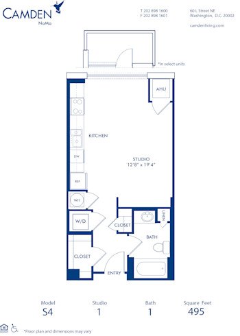 Blueprint of S4 Floor Plan, Studio with 1 Bathroom at Camden NoMa Apartments in Washington, DC