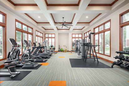 Fitness center with cardio equipment and free weights at Camden Grand Harbor Apartments in Katy, TX