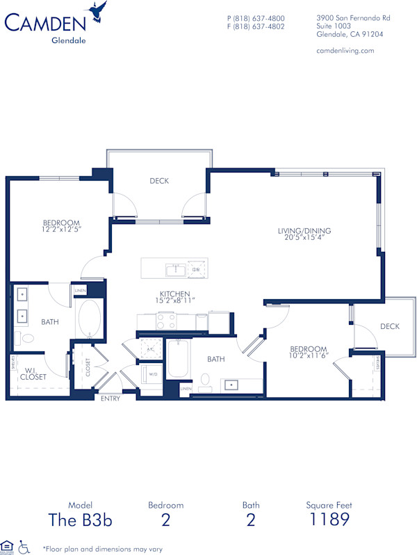 Blueprint of B3B Floor Plan, 2 Bedrooms and 2 Bathrooms at Camden Glendale Apartments in Glendale, CA