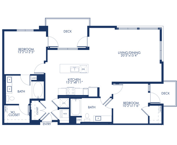 Blueprint of B3B Floor Plan, 2 Bedrooms and 2 Bathrooms at Camden Glendale Apartments in Glendale, CA