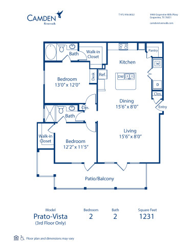 Blueprint of Prato Vista Floor Plan, 2 Bedrooms and 2 Bathrooms at Camden Riverwalk Apartments in Grapevine, TX