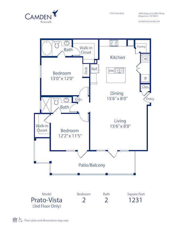 Blueprint of Prato Vista Floor Plan, 2 Bedrooms and 2 Bathrooms at Camden Riverwalk Apartments in Grapevine, TX
