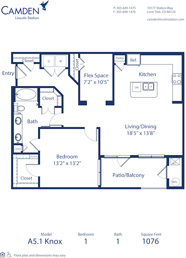 Blueprint of Knox Floor Plan, 1 Bedroom and 1 Bathroom at Camden Lincoln Station Apartments in Lone Tree, CO