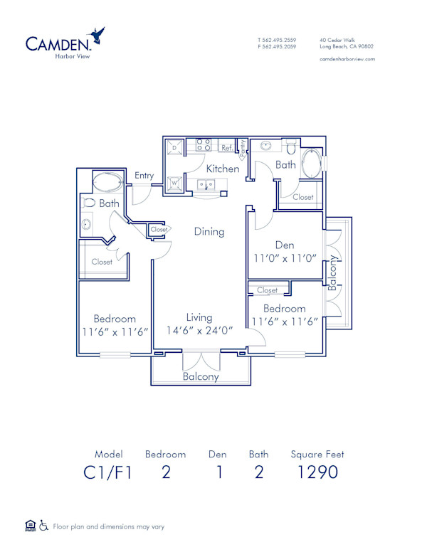 Blueprint of F1 Den Floor Plan, Apartment Home with 2 Bedrooms and 2 Bathrooms at Camden Harbor View in Long Beach, CA