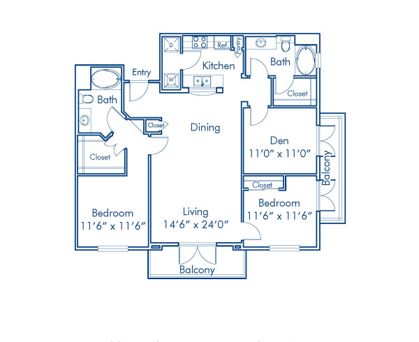Blueprint of F1 Den Floor Plan, Apartment Home with 2 Bedrooms and 2 Bathrooms at Camden Harbor View in Long Beach, CA