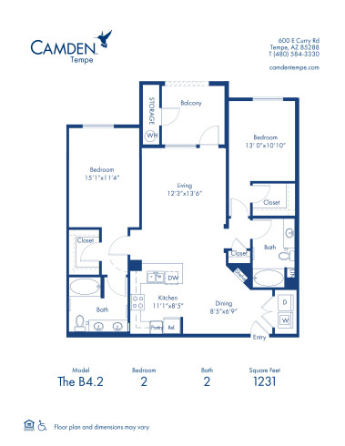 Blueprint of The B4.2 Floor Plan, 2 Bedrooms and 2 Bathrooms at Camden Tempe Apartments in Tempe, AZ