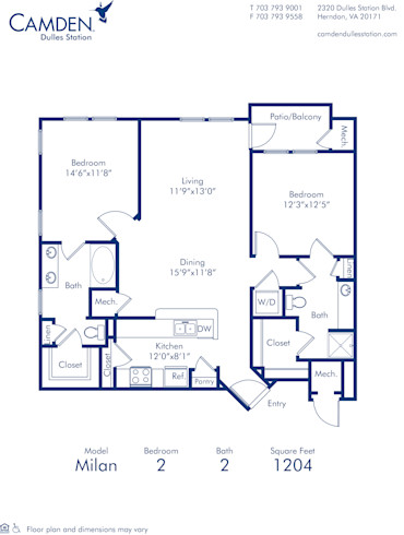 Blueprint of Milan Floor Plan, 2 Bedrooms and 2 Bathrooms at Camden Dulles Station Apartments in Herndon, VA