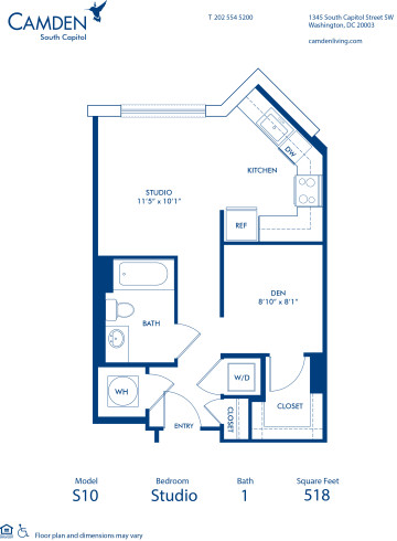Blueprint of S10D Floor Plan, Studio with 1 Bathroom at Camden South Capitol Apartments in Washington, DC