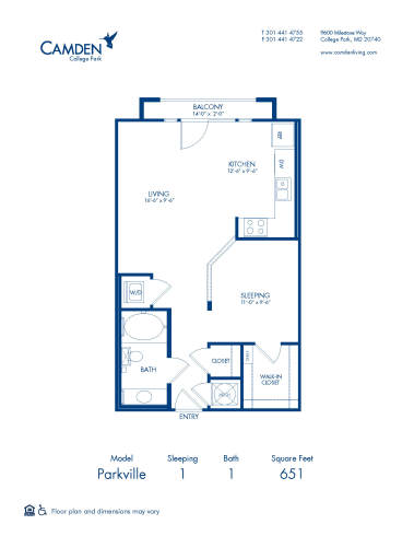 Blueprint of Parkville Floor Plan, 1 Bedroom and 1 Bathroom at Camden College Park Apartments in College Park, MD