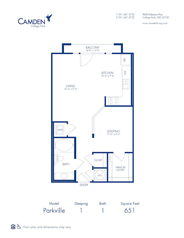 Blueprint of Parkville Floor Plan, 1 Bedroom and 1 Bathroom at Camden College Park Apartments in College Park, MD