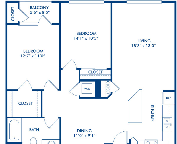Blueprint of B3 Floor Plan, 2 Bedrooms and 1 Bathroom at Camden Belleview Station Apartments in Denver, CO