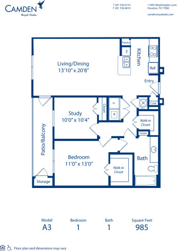 A3 floor plan, 1 bed and 1 bath, at Camden Royal Oaks Apartments in Houston, TX