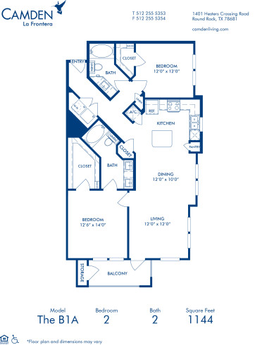 Blueprint of B1A Floor Plan, 2 Bedrooms and 2 Bathrooms at Camden La Frontera Apartments in Round Rock, TX