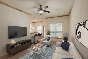 Spacious living room space with bar steading and private patio at Camden Greenway Apartments in Houston, TX