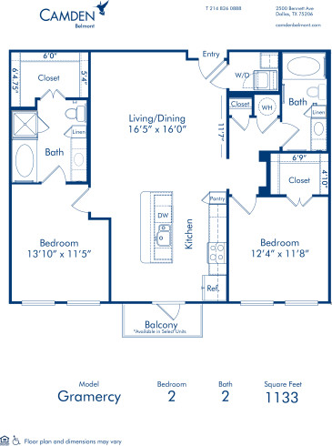 Blueprint of Gramercy 1 Floor Plan, 2 Bedrooms and 2 Bathrooms at Camden Belmont Apartments in Dallas, TX
