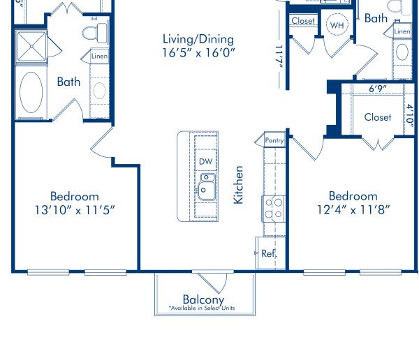 Blueprint of Gramercy 1 Floor Plan, 2 Bedrooms and 2 Bathrooms at Camden Belmont Apartments in Dallas, TX