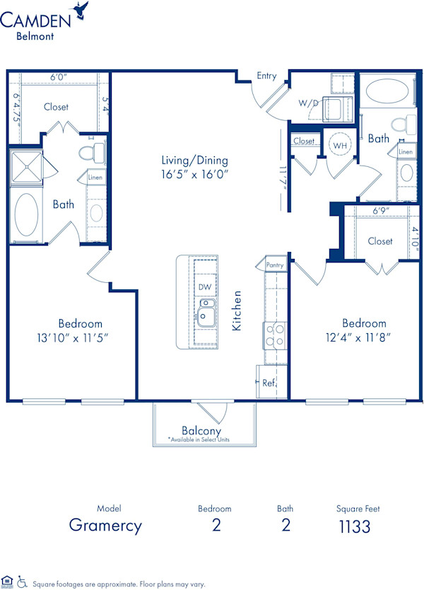 Blueprint of Gramercy 1 Floor Plan, 2 Bedrooms and 2 Bathrooms at Camden Belmont Apartments in Dallas, TX
