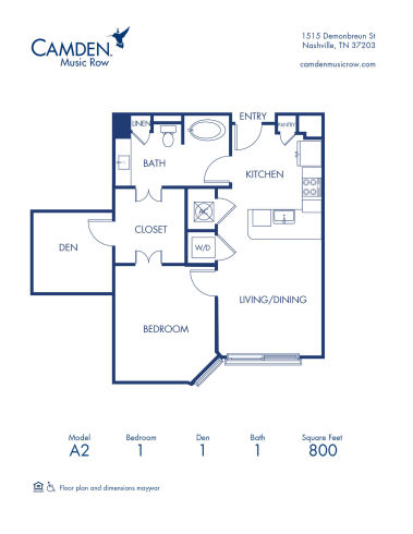 A2 floor plan at Camden Music Row apartments in Nashville, TN, 1 bed x 1 bath apartment home