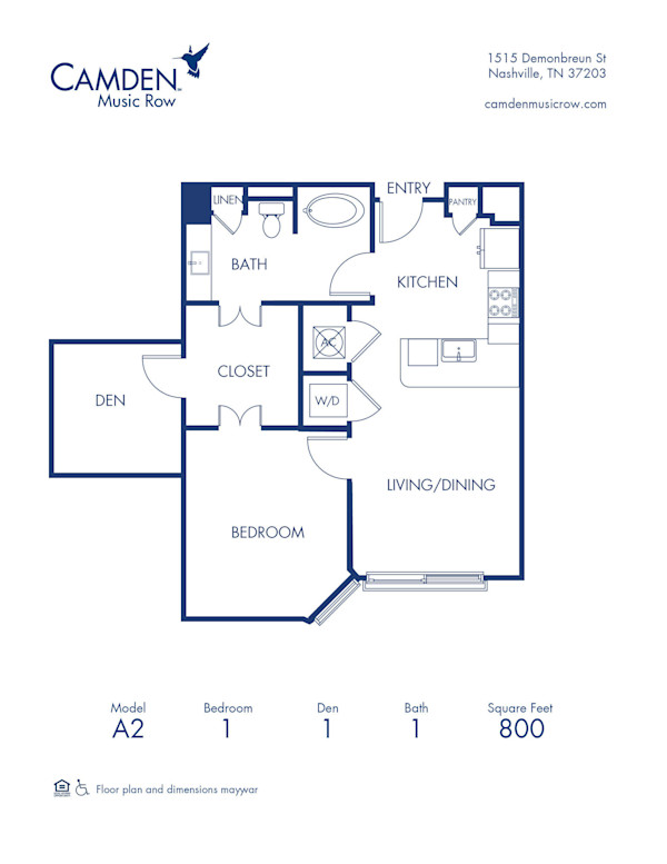 A2 floor plan at Camden Music Row apartments in Nashville, TN, 1 bed x 1 bath apartment home