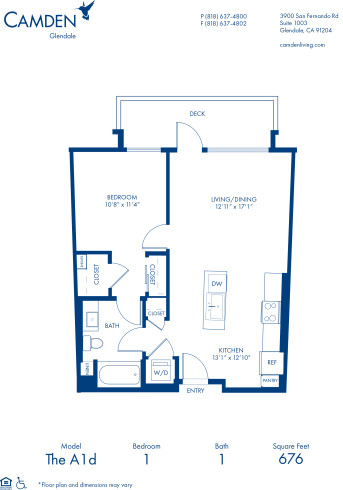 Blueprint of A1d Floor Plan, 1 Bedroom and 1 Bathroom at Camden Glendale Apartments in Glendale, CA