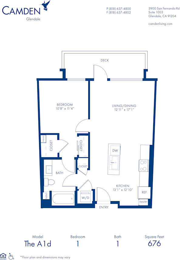Blueprint of A1d Floor Plan, 1 Bedroom and 1 Bathroom at Camden Glendale Apartments in Glendale, CA