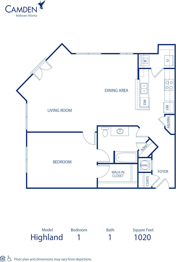 Blueprint of Highland Floor Plan, 1 Bedroom and 1 Bathroom at Camden Midtown Atlanta Apartments in Atlanta, GA