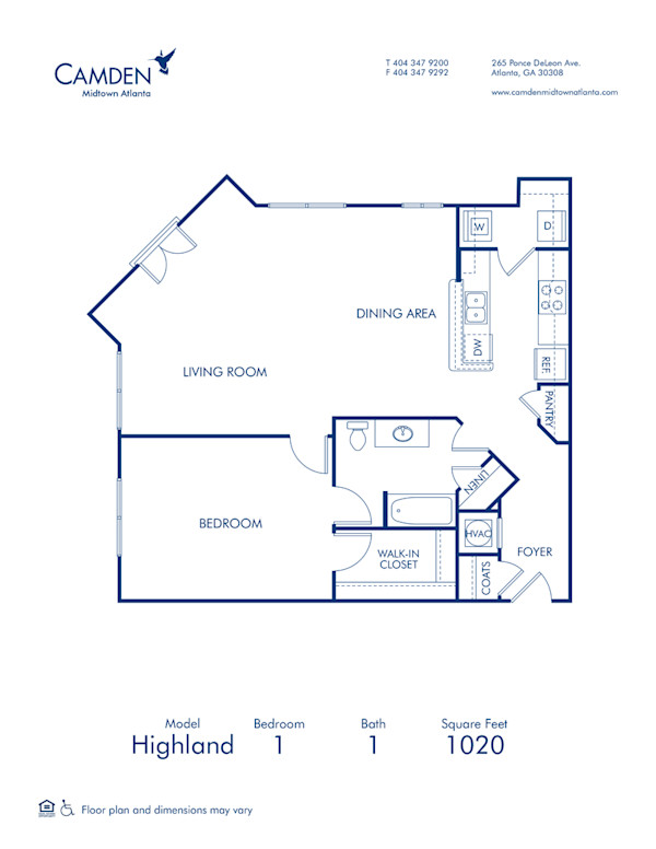 Blueprint of Highland Floor Plan, 1 Bedroom and 1 Bathroom at Camden Midtown Atlanta Apartments in Atlanta, GA