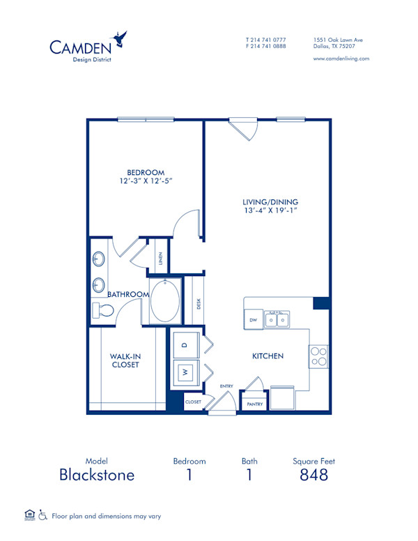 Blueprint of Blackstone Floor Plan, Apartment Home with 1 Bedroom and 1 Bathroom at Camden Design District in Dallas, TX