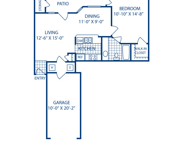 Blueprint of A2B Floor Plan, 1 Bedroom and 1 Bathroom at Camden Legacy Creek Apartments in Plano, TX