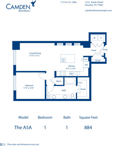 Camden Downtown Houston apartments one bedroom floor plan A5A