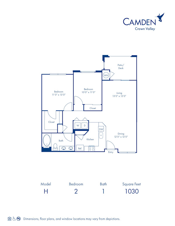 Blueprint of H Floor Plan, 2 Bedrooms and 1 Bathroom at Camden Crown Valley Apartments in Mission Viejo, CA