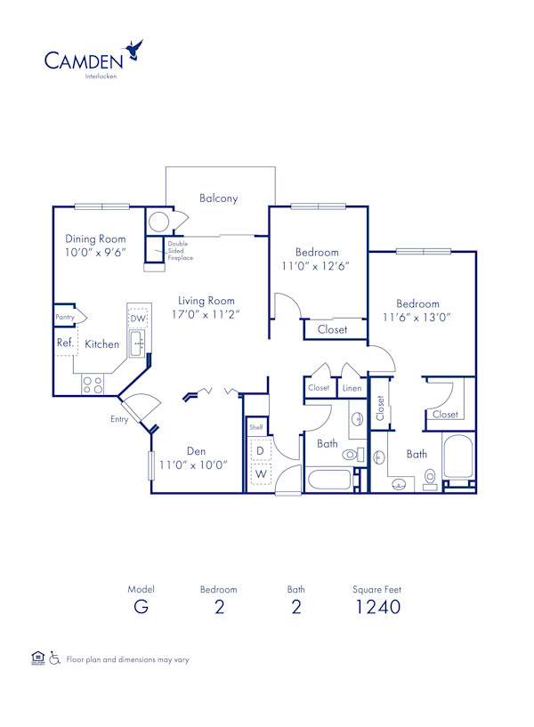 Blueprint of G Floor Plan, 2 Bedrooms and 2 Bathrooms at Camden Interlocken Apartments in Broomfield, CO