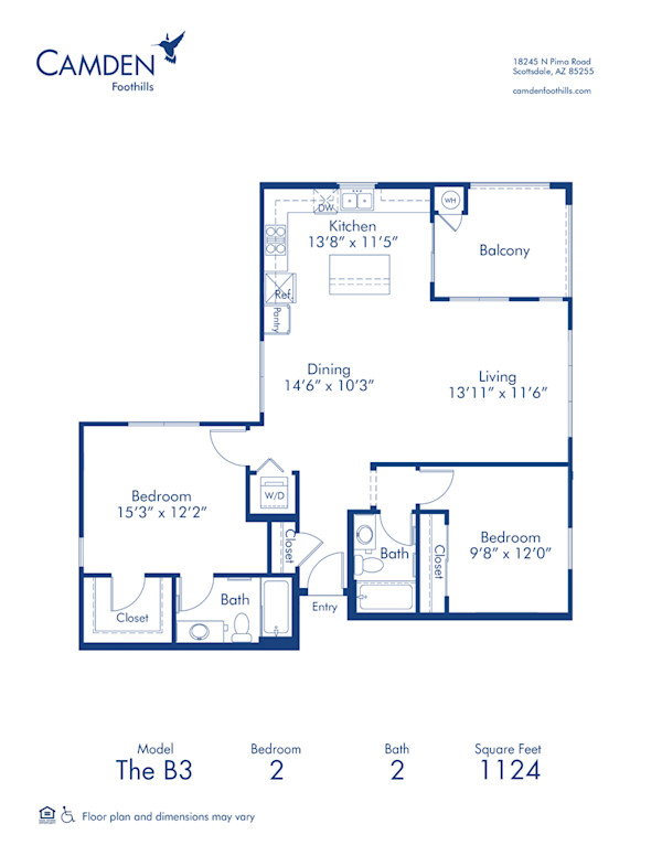 Blueprint of The B3 Floor Plan, 2 Bedrooms and 2 Bathrooms at Camden Foothills Apartments in Scottsdale, AZ