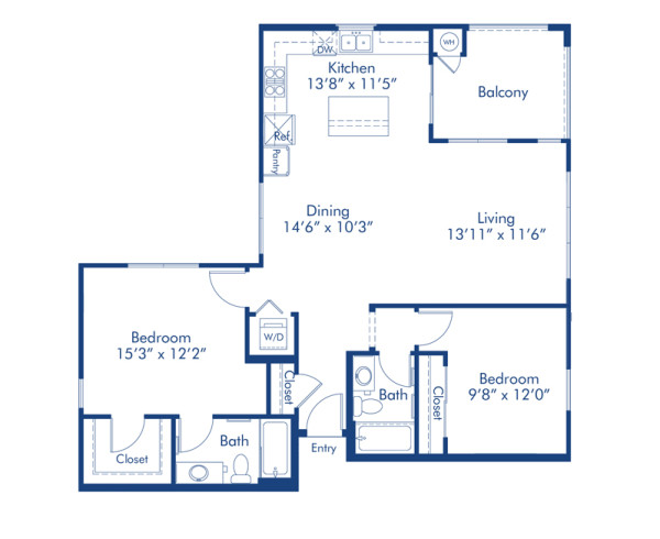 Blueprint of The B3 Floor Plan, 2 Bedrooms and 2 Bathrooms at Camden Foothills Apartments in Scottsdale, AZ