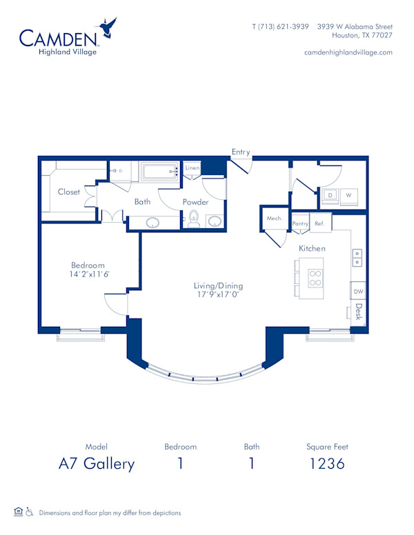 Camden Highland Village apartments in Houston, TX Gallery one bedroom floor plan A7