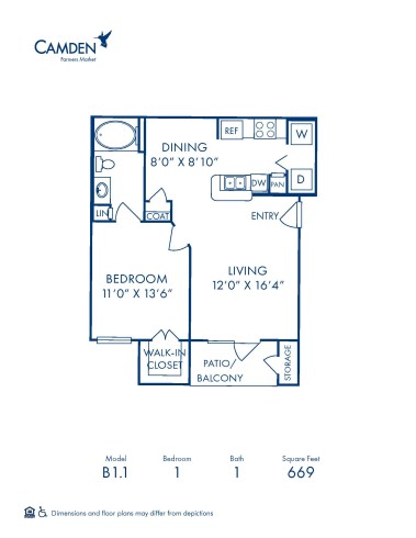 Camden Farmers Market Apartments B1.1 1 bedroom 1 bathroom floor plan diagram