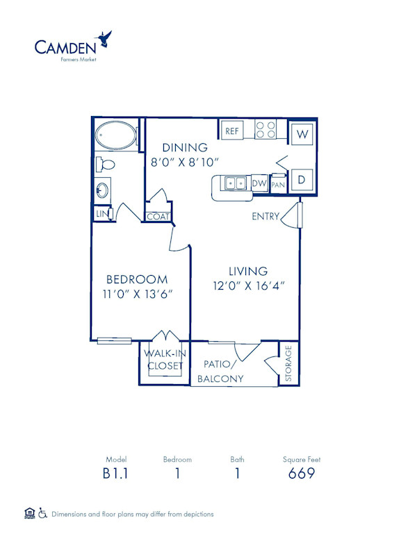 Camden Farmers Market Apartments B1.1 1 bedroom 1 bathroom floor plan diagram