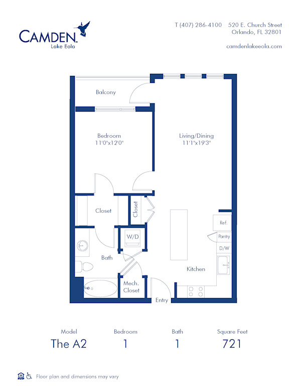 Camden Lake Eola apartments in Downtown Orlando, FL, one bedroom, one bathroom floor plan A2