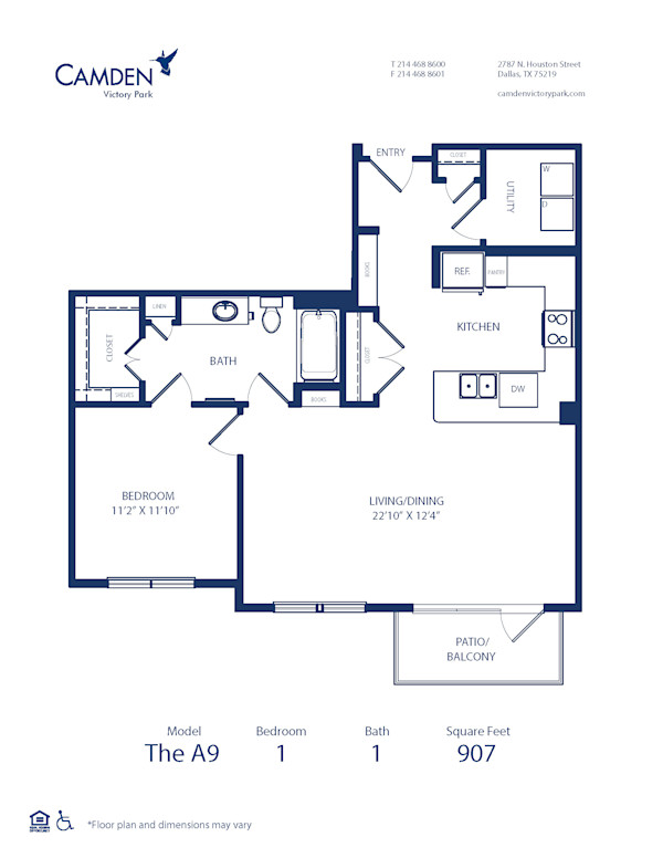 Blueprint of A9 Floor Plan, 1 Bedroom and 1 Bathroom at Camden Victory Park Apartments in Dallas, TX