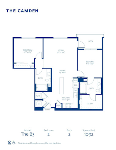 B3 Floor Plan, 2 Bedroom and 2 Bathroom Apartment Home at The Camden in Hollywood, CA