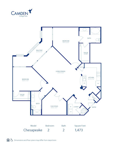 Blueprint of Chesapeake Floor Plan, 2 Bedrooms and 2 Bathrooms at Camden College Park Apartments in College Park, MD