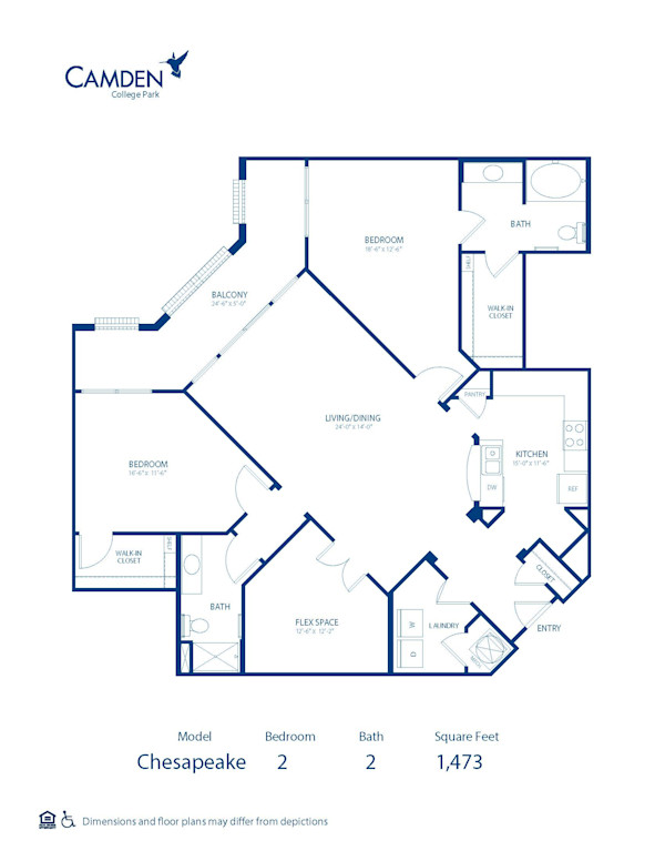 Blueprint of Chesapeake Floor Plan, 2 Bedrooms and 2 Bathrooms at Camden College Park Apartments in College Park, MD