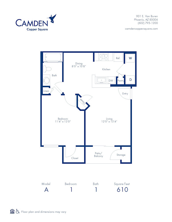 Blueprint of A Floor Plan, 1 Bedroom and 1 Bathroom at Camden Copper Square Apartments in Phoenix, AZ