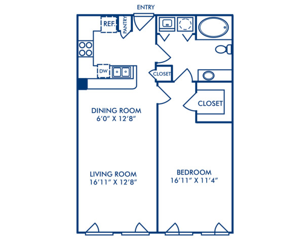 Blueprint of A2A Floor Plan, 1 Bedroom and 1 Bathroom at Camden Farmers Market Apartments in Dallas, TX